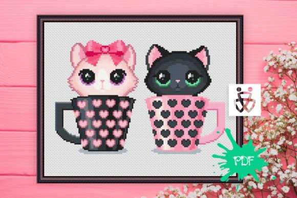 Kittens in Cup Cross Stitch Pattern PDF